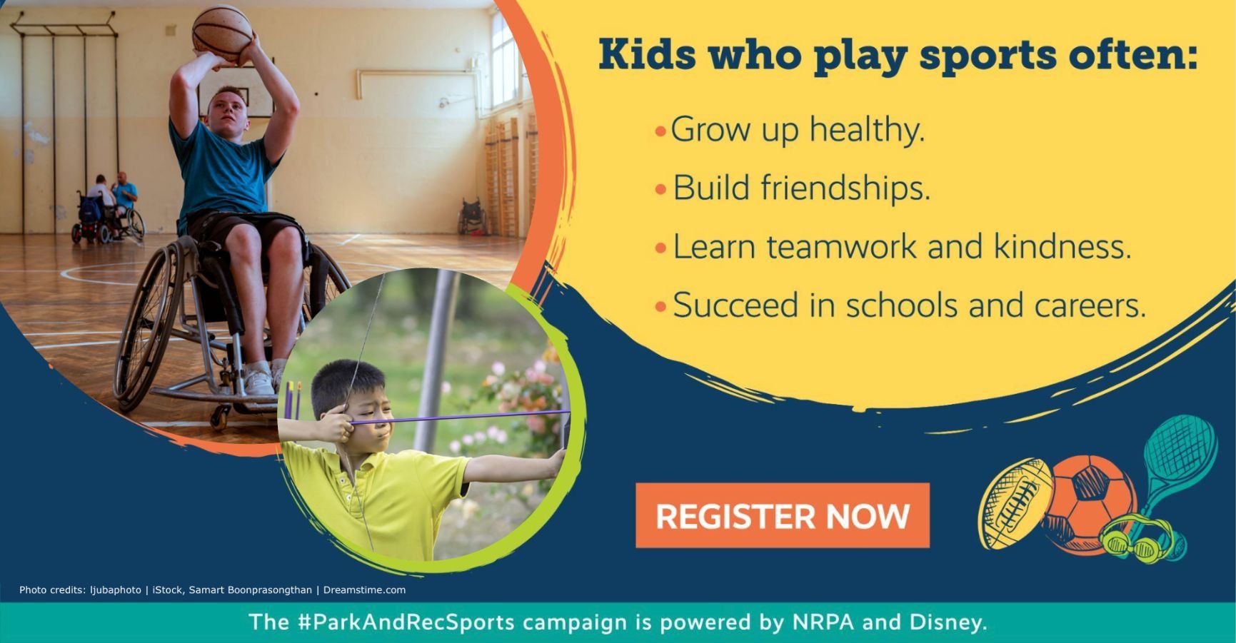 NRPA and Disney #ParkAndRecSports banner featuring a teen in a wheelchair playing basketball and a boy doing archery, listing benefits of youth sports and a Register Now call to action.
