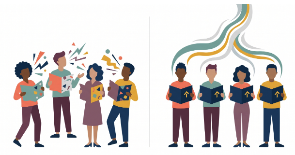 This is an animated image of four people on each side of a line. On the left side, the people are reading from different books and speaking about different things. On the right side, the people have the same posture and the same book.