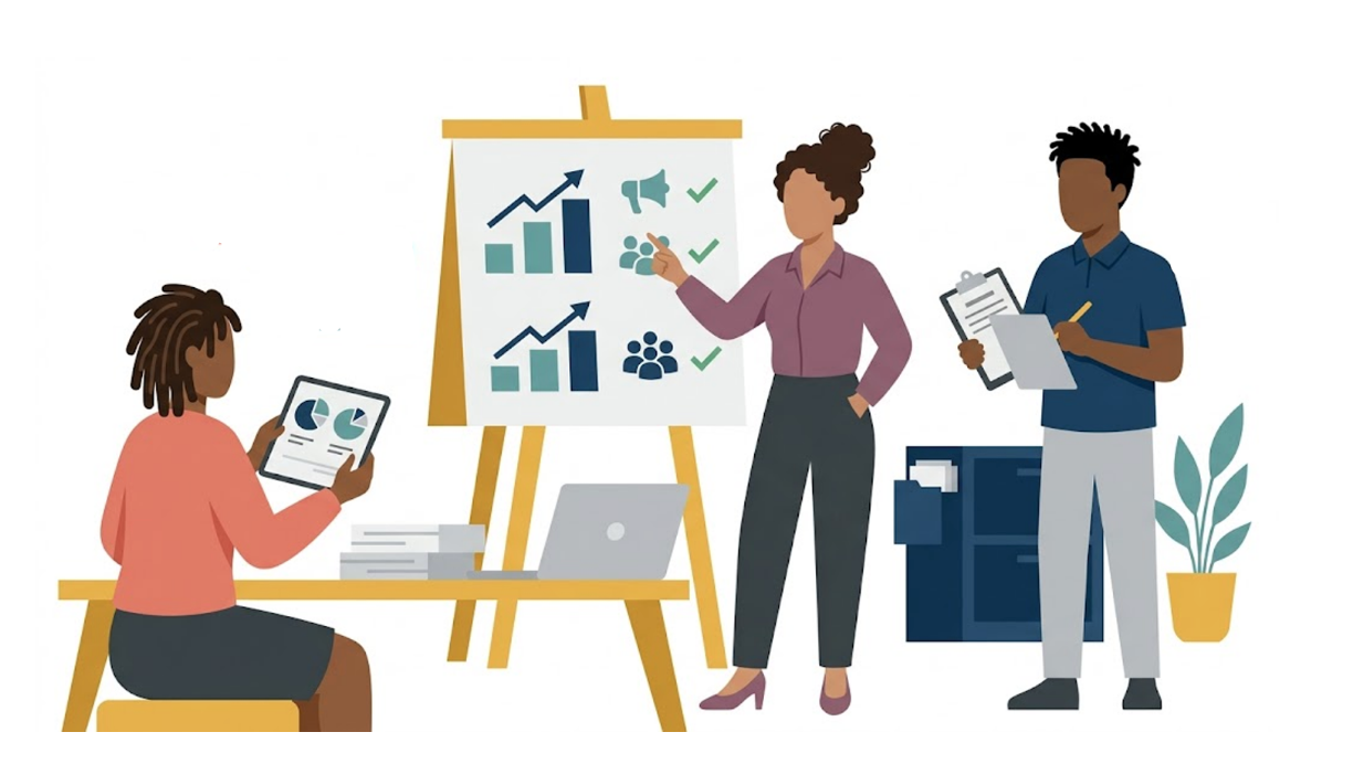 An illustration of a diverse professional team collaborating in an office, featuring a woman presenting data on a easel chart while two colleagues take notes on a tablet and a clipboard.