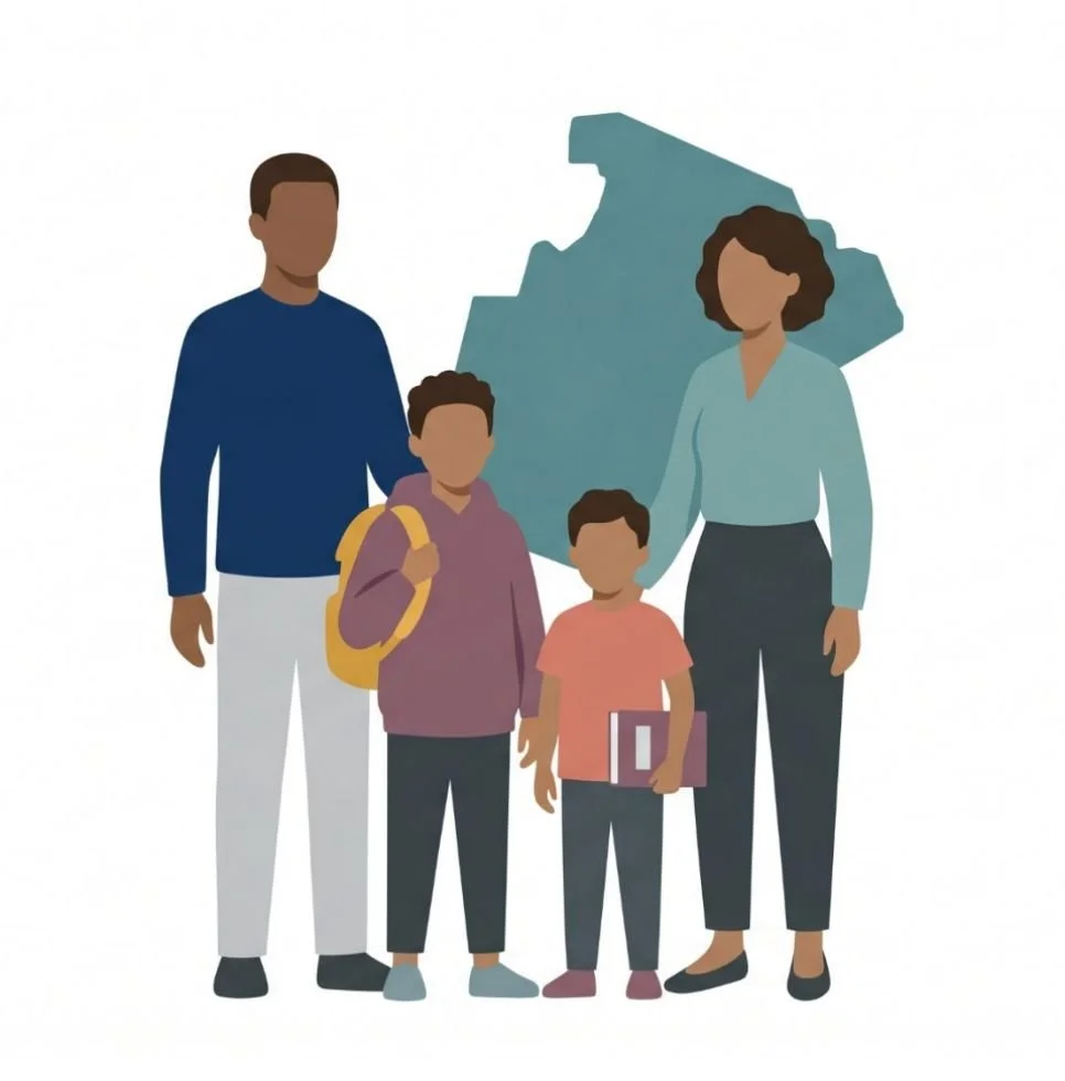 Flat illustration of a Black family with two children in front of a Wake County map, created for the Wake County Public School System magnet schools family messaging campaign.