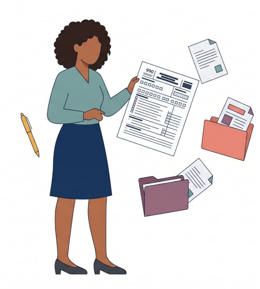 The image includes clipart of a woman holding an IRS Form 990.