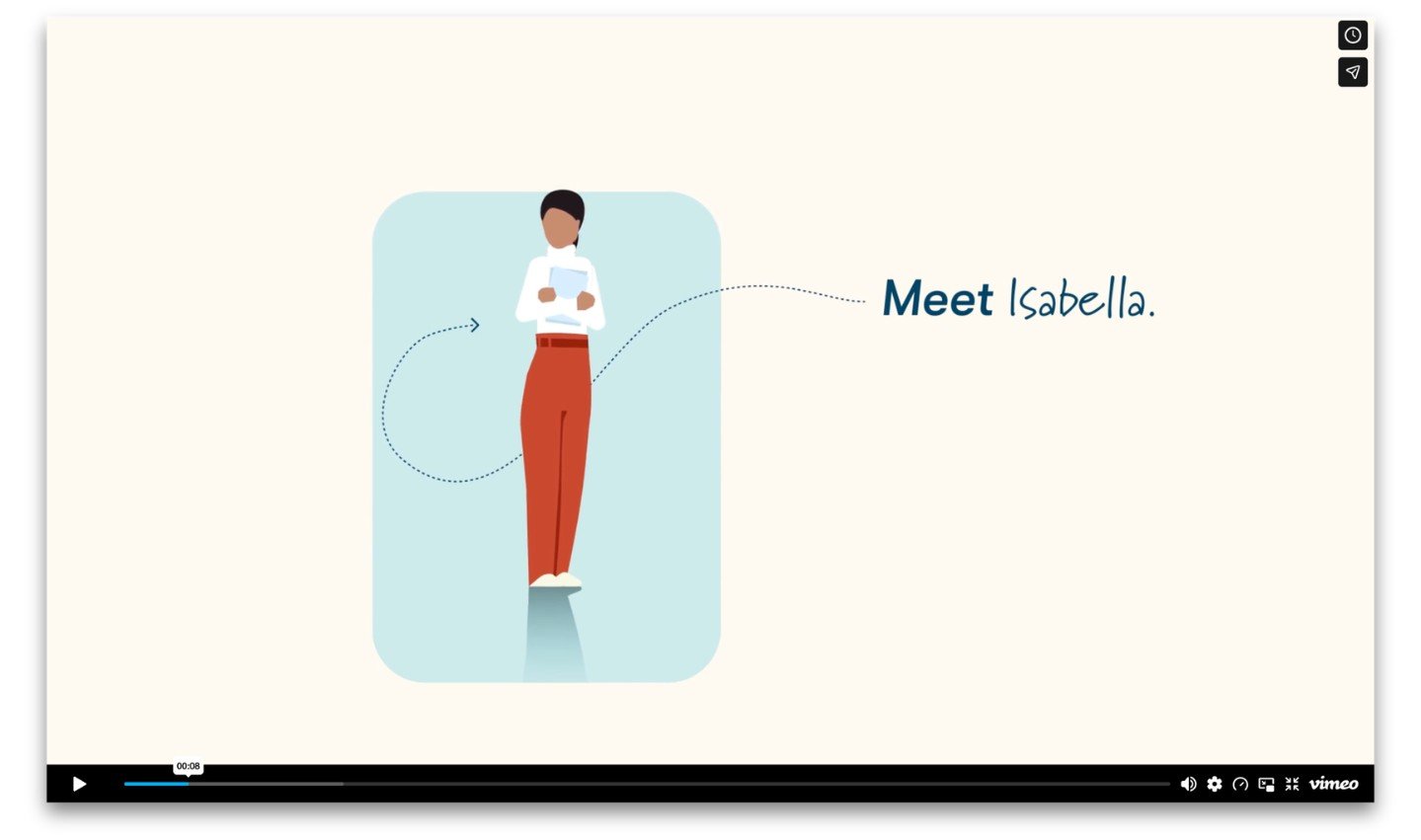 Still frame from the UCLA CDA animated explainer video showing an illustrated woman named Isabella holding a tablet.
