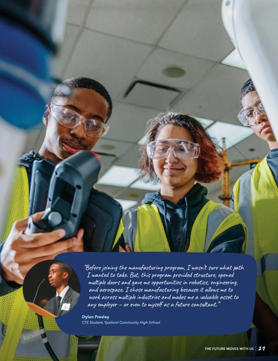 CTE students in safety gear working with equipment alongside a quote from Dylan Presley about how Washtenaw CTE opened doors in robotics, engineering, and aerospace.
