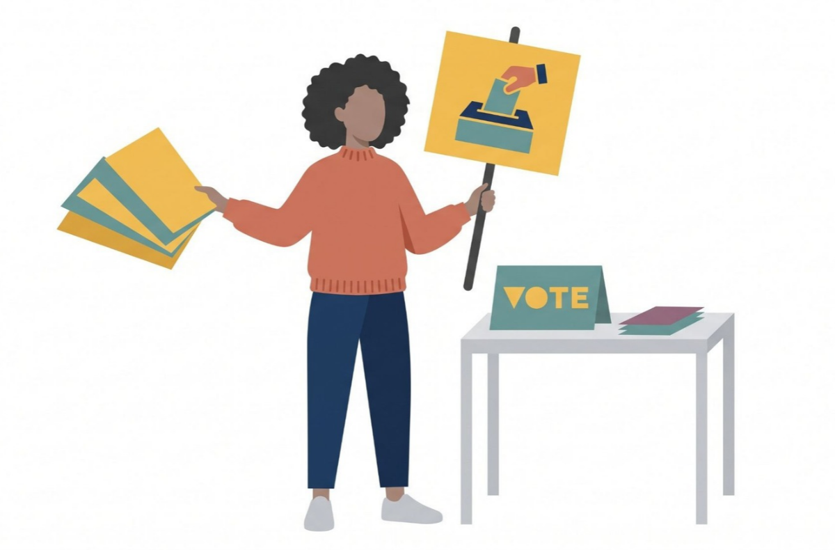 The clipart image includes a woman holding a sign and flyers encouraging people to vote. She's wearing an orange sweater and blue pants.