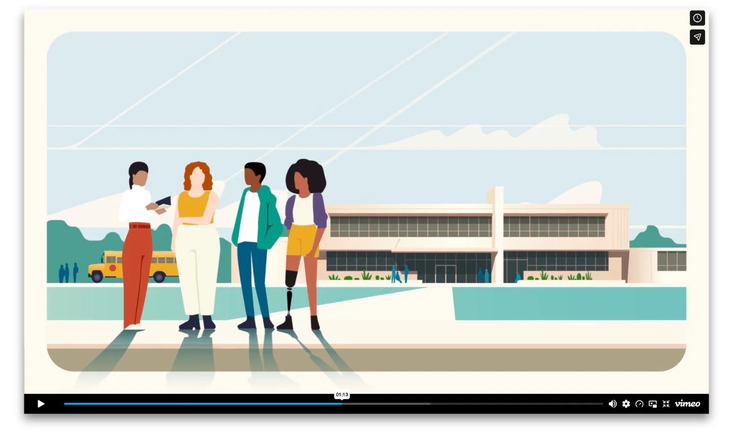 Animated scene from the UCLA CDA explainer video featuring four diverse illustrated teenagers standing outside a school building with a school bus in the background.