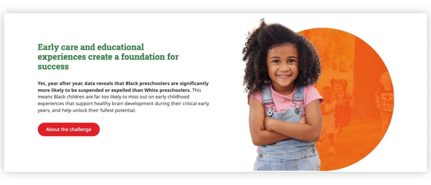 Inclusions Not Expulsions microsite section featuring a young girl and messaging about Black preschooler expulsion rates.
