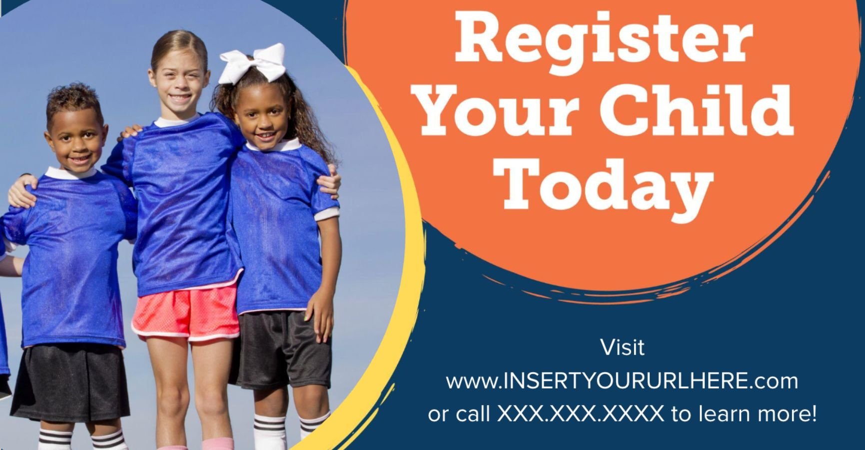 Youth sports registration postcard showing three diverse children in blue soccer uniforms with a Register Your Child Today call to action.