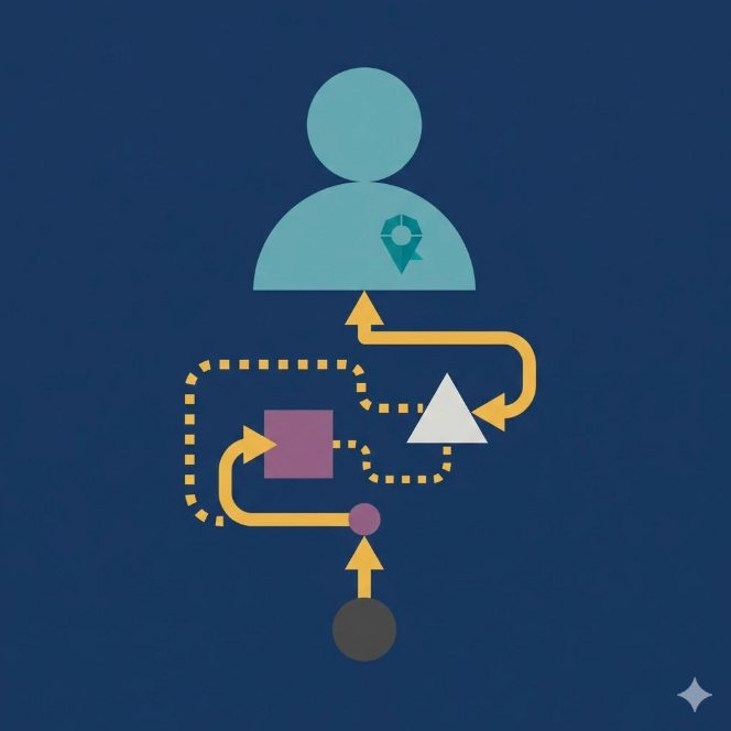 This graphic includes yellow lines going towards a the shape of a blue person