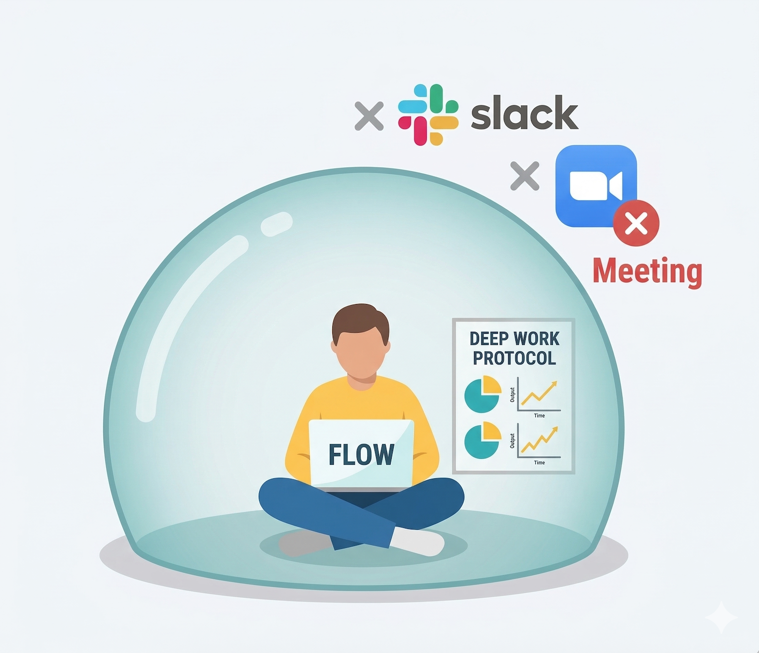 An illustration of a person sitting cross-legged inside a clear dome, deeply focused on a laptop with the word "FLOW" visible on the screen. A chart poster titled "DEEP WORK PROTOCOL" shows metrics on focus and productivity.