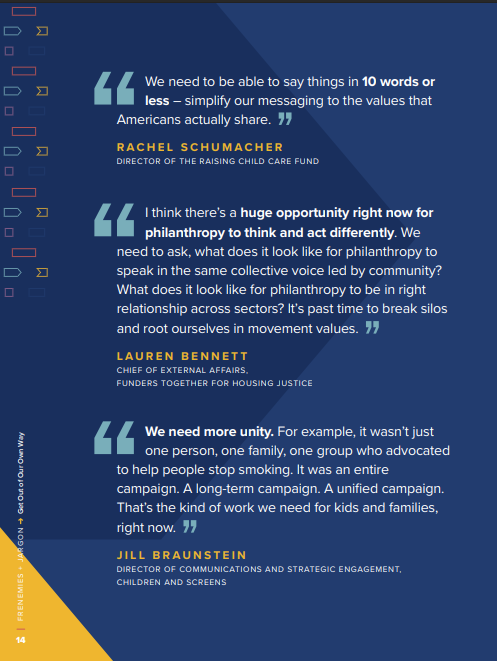The graphic reads nonprofit and education leaders' interview responses mentioning simplifying messages, disrupting fragmentation, and a need for unity.