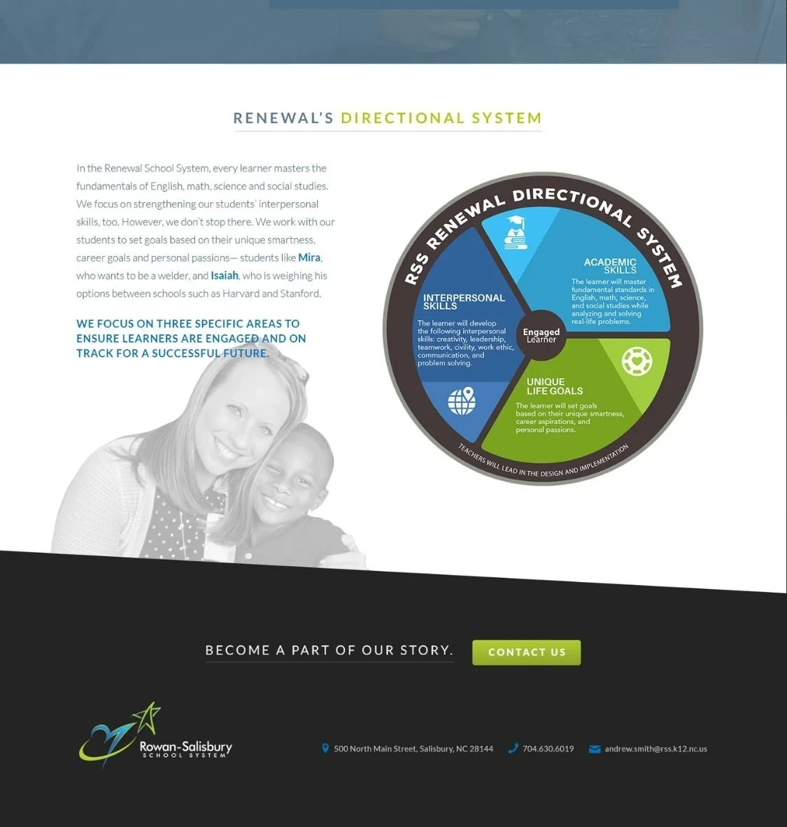 Rowan-Salisbury Schools Renewal District microsite About page featuring the RSS Renewal Directional System wheel graphic showing academic skills, interpersonal skills, and unique life goals.