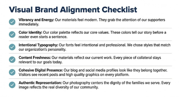 The visual brand alignment checklist suggest looking at: vibrancy and energy; color identity; intentional typography; content freshness; cohesive digital presence; authentic representation