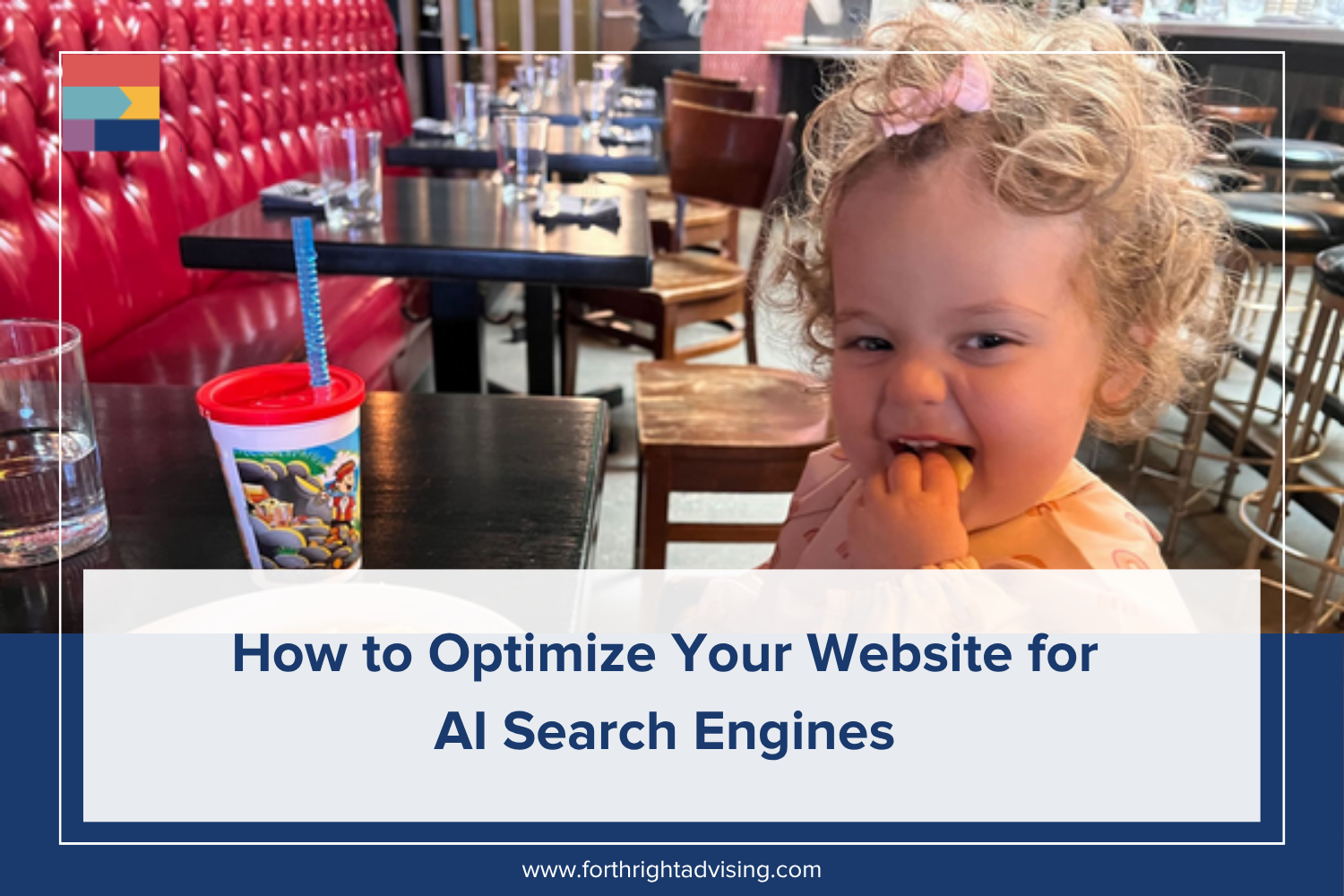 The image includes the name of the blog: How to Optimize Your Website for AI Search Engines. The picture is a toddler eating pasta.