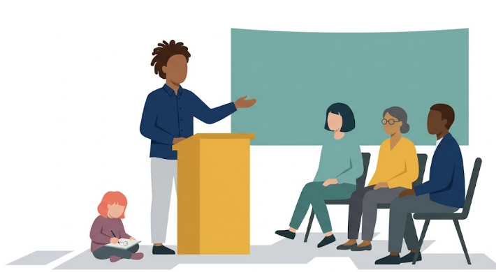 This is an animated image of a person standing at a podium with a child sitting down reading a book next to them behind the podium. There are 3 people sitting in chairs observing the presentation while that person speaks.