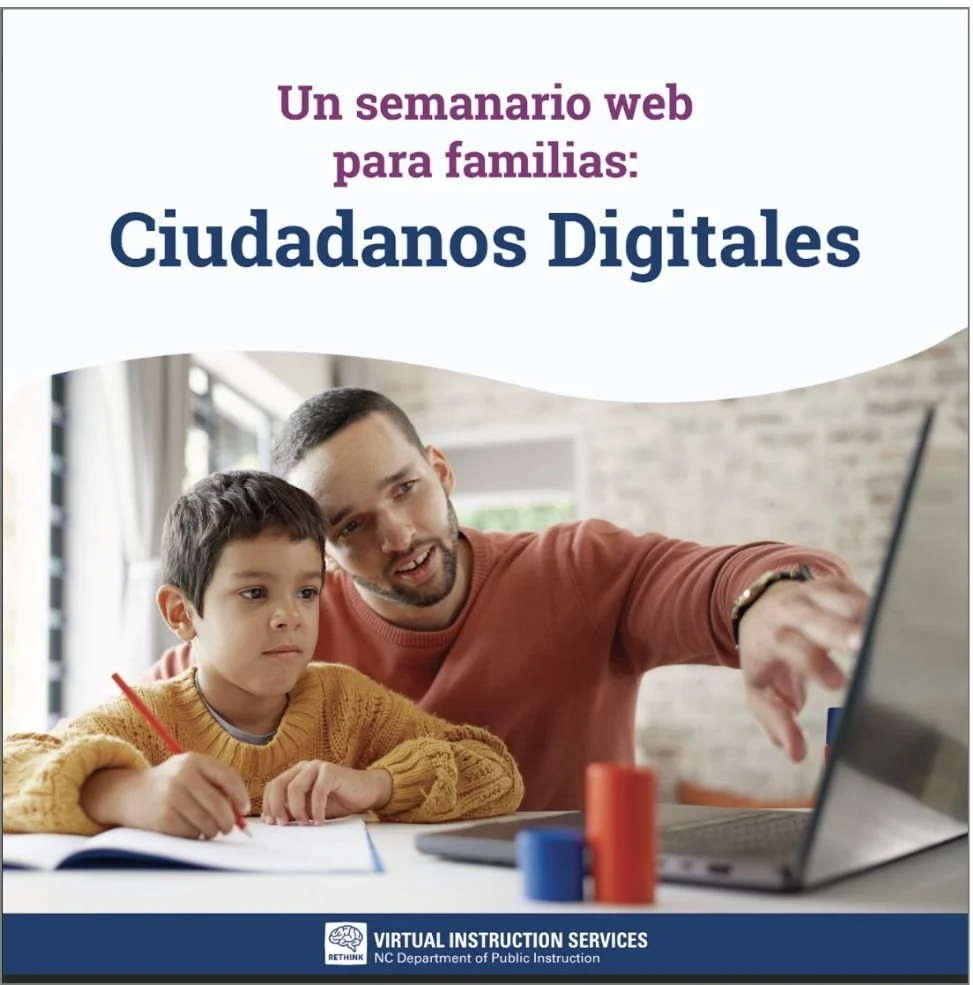RTI International and NC DPI Virtual Instruction Services promotional image for the Ciudadanos Digitales family webinar series, featuring a father helping his young son at a computer.