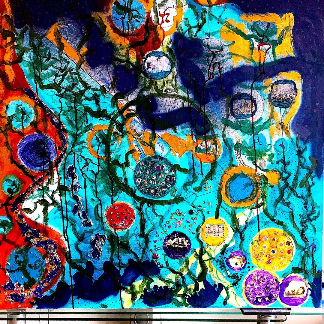 &quot;Tree of Life Dreaming about Humans.&quot; Acrylic, oil, oil stick, pen, crystal fragments, photo fragments, on canvas. 36&quot; x 36&quot;. 2022.

#abstractart, #expressionistart, #newconceptualpainting, #gibsonsart, #vancouverart, #montrealart