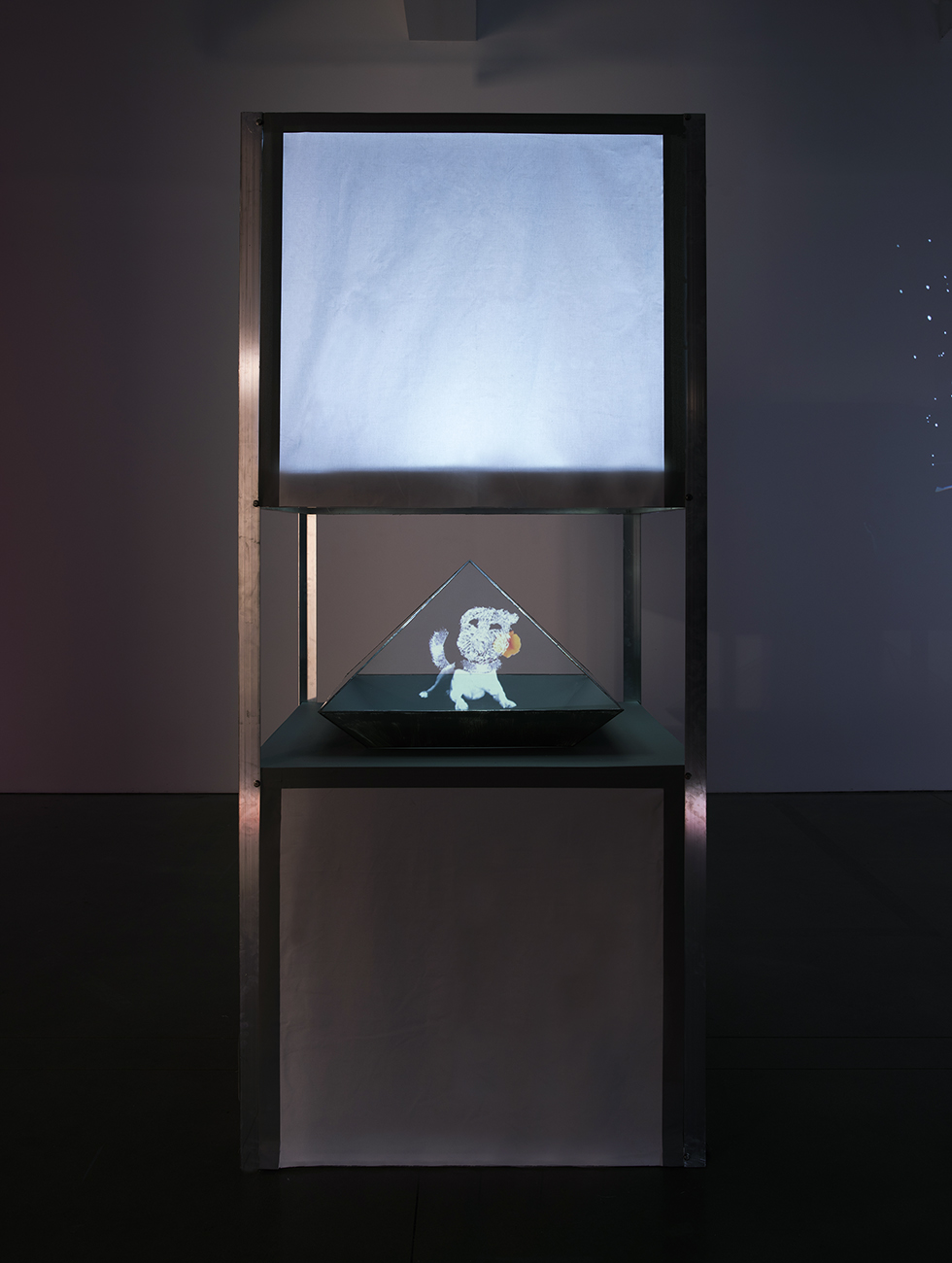   Gate-keeper , aluminum, wood, glass, video hologram, 4’ x 4’ x 8,’ 2017 (photo:  Michael Underwood) 