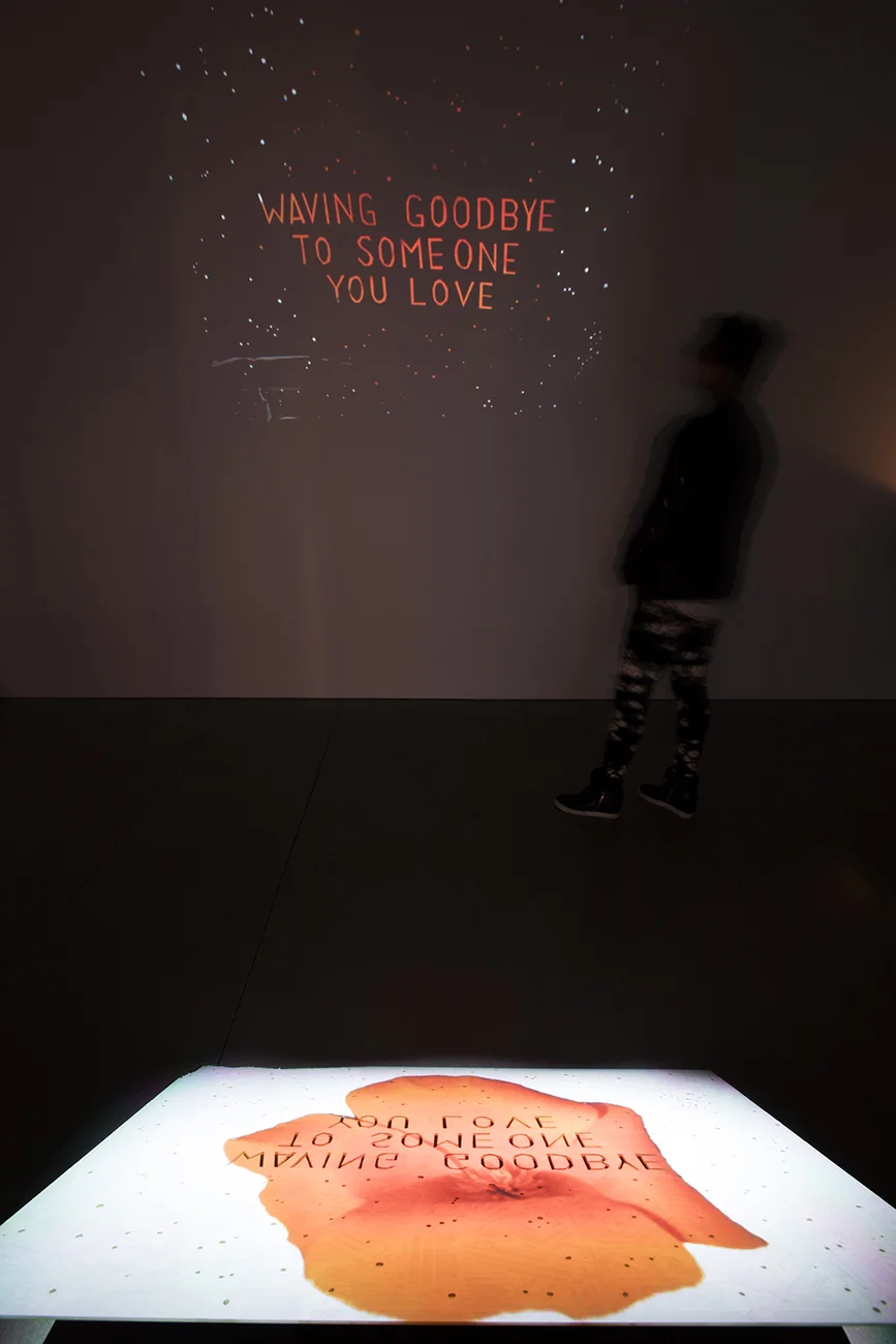   Artemis &amp; Orion  (installation view), found mirror, artist tape, video projection, 2017 (photo: Michael Underwood) 