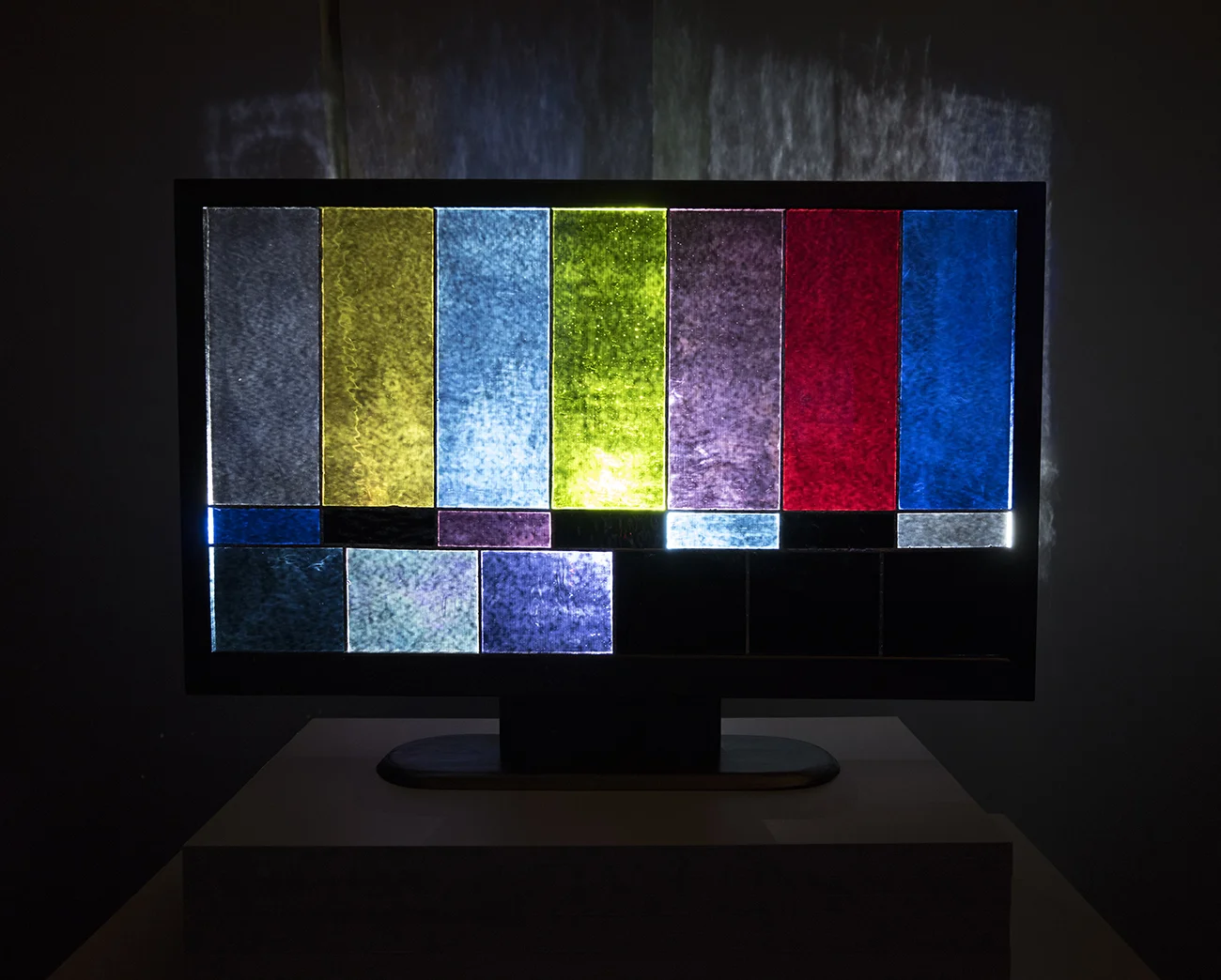   Channeling , stained glass, wood, paint, video projection, 42” x 30” x 8” (sculpture dimensions), 2016 (photo: Keith Carlsen) 