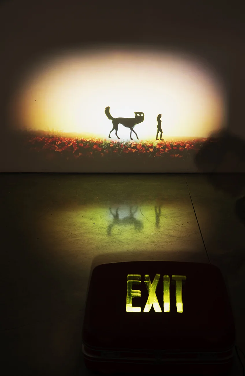   All is forgiven  (installation view), found suitcase, stained glass, video projection, 20” x 15” x 7” (sculpture dimensions), 2017 (photo: Michael Underwood) 