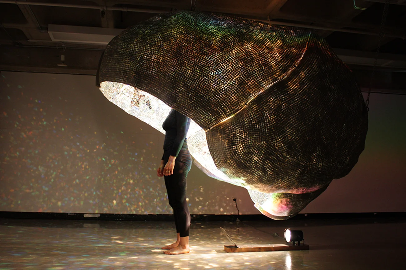   ARK , fiberglass, hand-cut mirror, hologram, spotlight, audio, 5’ x 5.5’ x 8,’ 2010 (photo: Ryan Scott) 