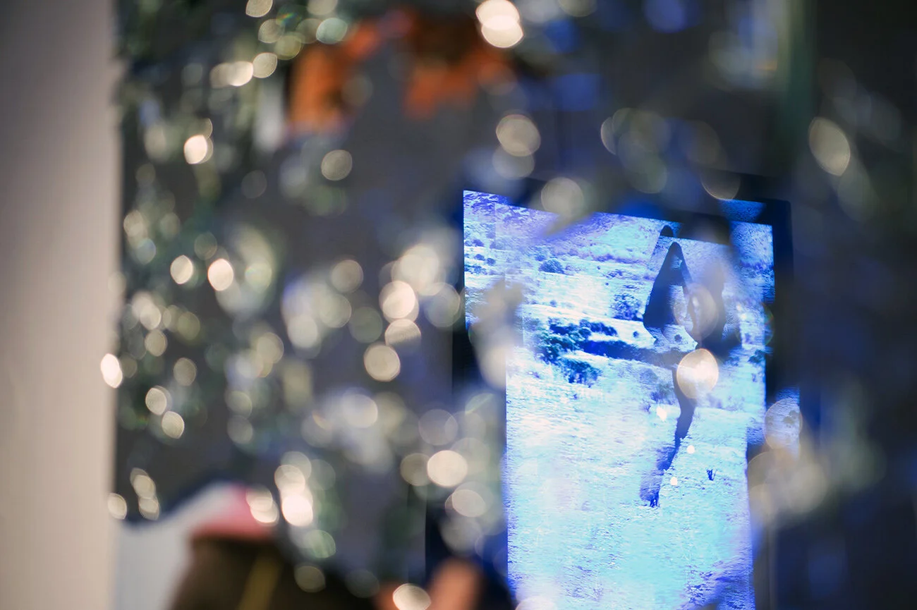   Loaded gaze  (detail), inkjet print on panel, bullet-shattered glass mirror, 40.5” x 20.5” 2015 (photo: Keith Carlsen) 