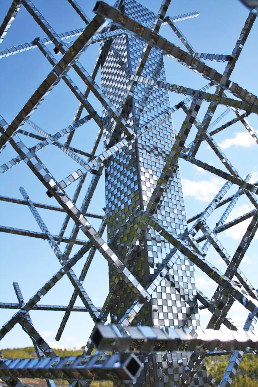   Satellight , aluminum, stainless steel, hand-cut mirror, 7’ x 7’ x 10,’ 2012 