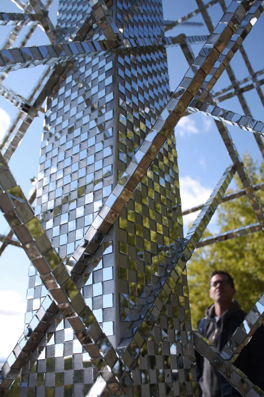   Satellight , aluminum, stainless steel, hand-cut mirror, 7’ x 7’ x 10,’ 2012 