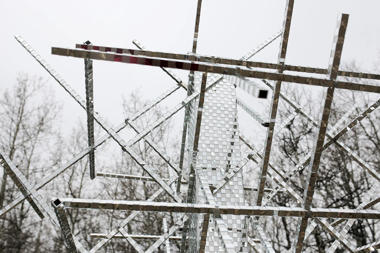   Satellight , aluminum, stainless steel, hand-cut mirror, 7’ x 7’ x 10,’ 2012 (photo: Caitlind r.c. Brown) 
