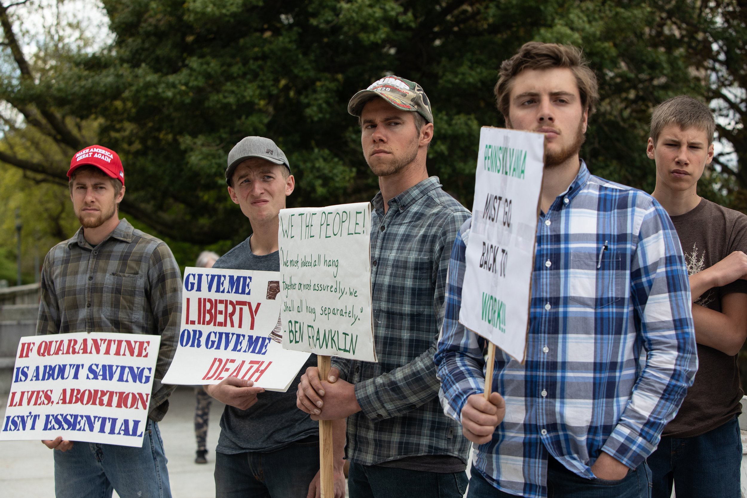  Part of a coordinated protest called American Revolution 2.0, a group of protestors demand that Pennsylvania governor Ward lift the Covid lockdown. Harrisburg, PA.  1 May 2020 