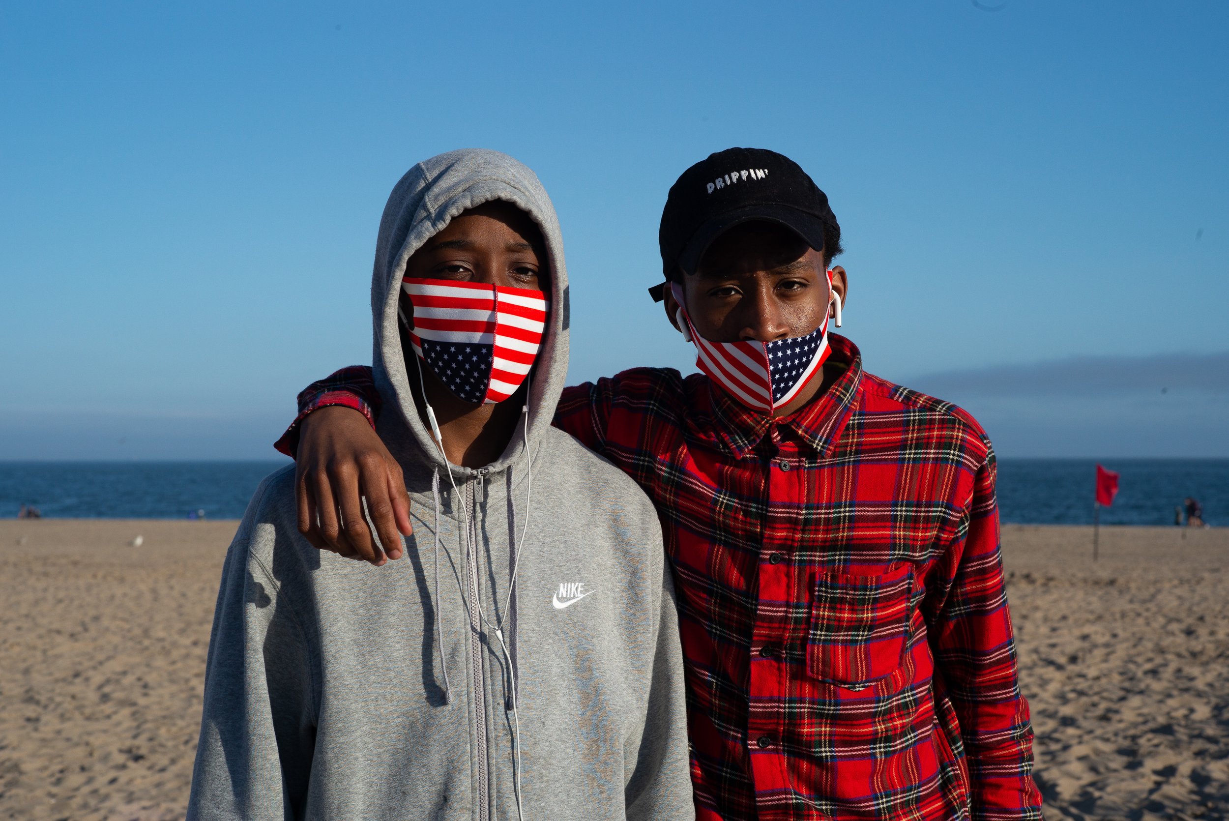  Twins Robert and Aaron, 13, out from Manhattan to Coney Island for Memorial Day.  25 May 2020 