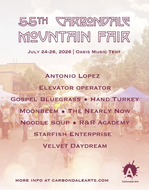 2026 Mountain Fair Oasis Music Tent Lineup: Antonio Lopez, Elevator Operator, Gospel Bluegrass, Hand Turkey, Moonbeem, The Nearly Now, Starfish Enterprise, Velvet Daydream