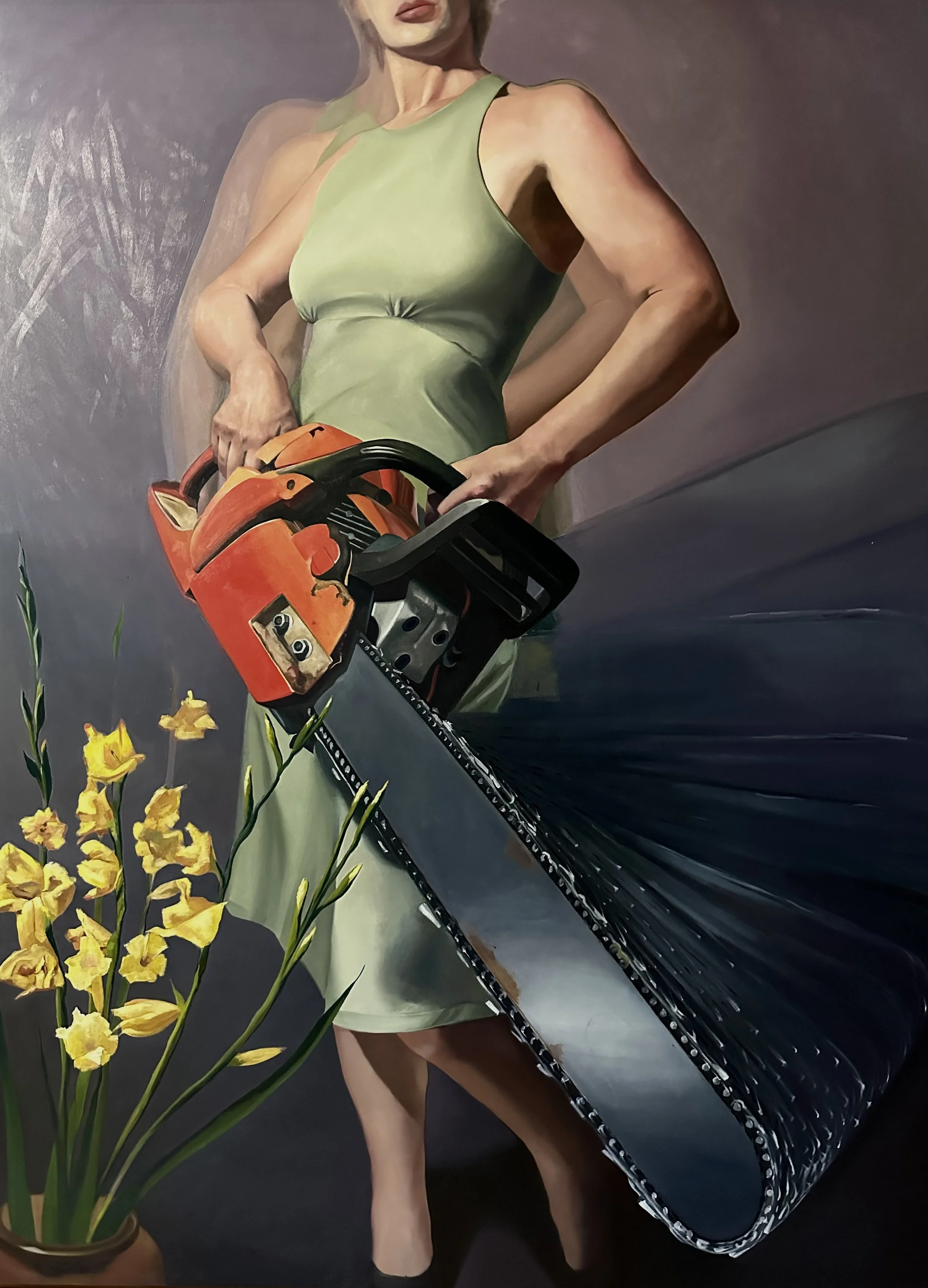 CAUTION- Women with Orange Objects (series) Chainsaw 48x36.jpeg