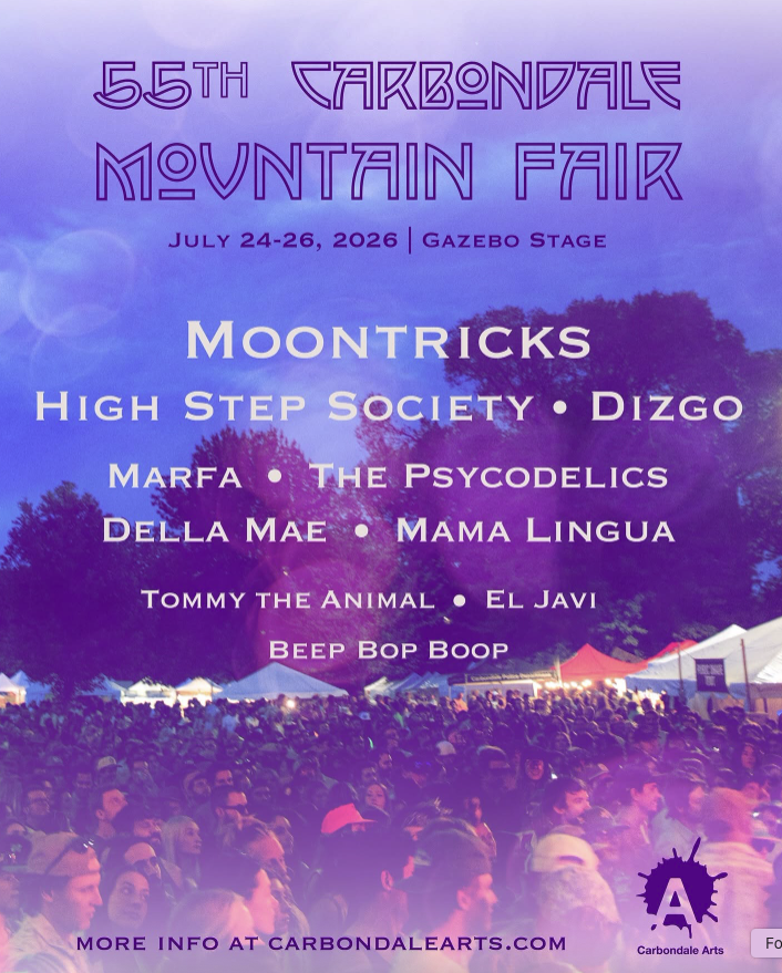 2026 Mountain Fair Main Stage (Gazebo) lineup: Moontricks, High Step Society, Dizgo, Marfa, The Psycodelics, Della Mae, Mama Lingua, Tommy the Animal, El Javi, Beep Bop Boop