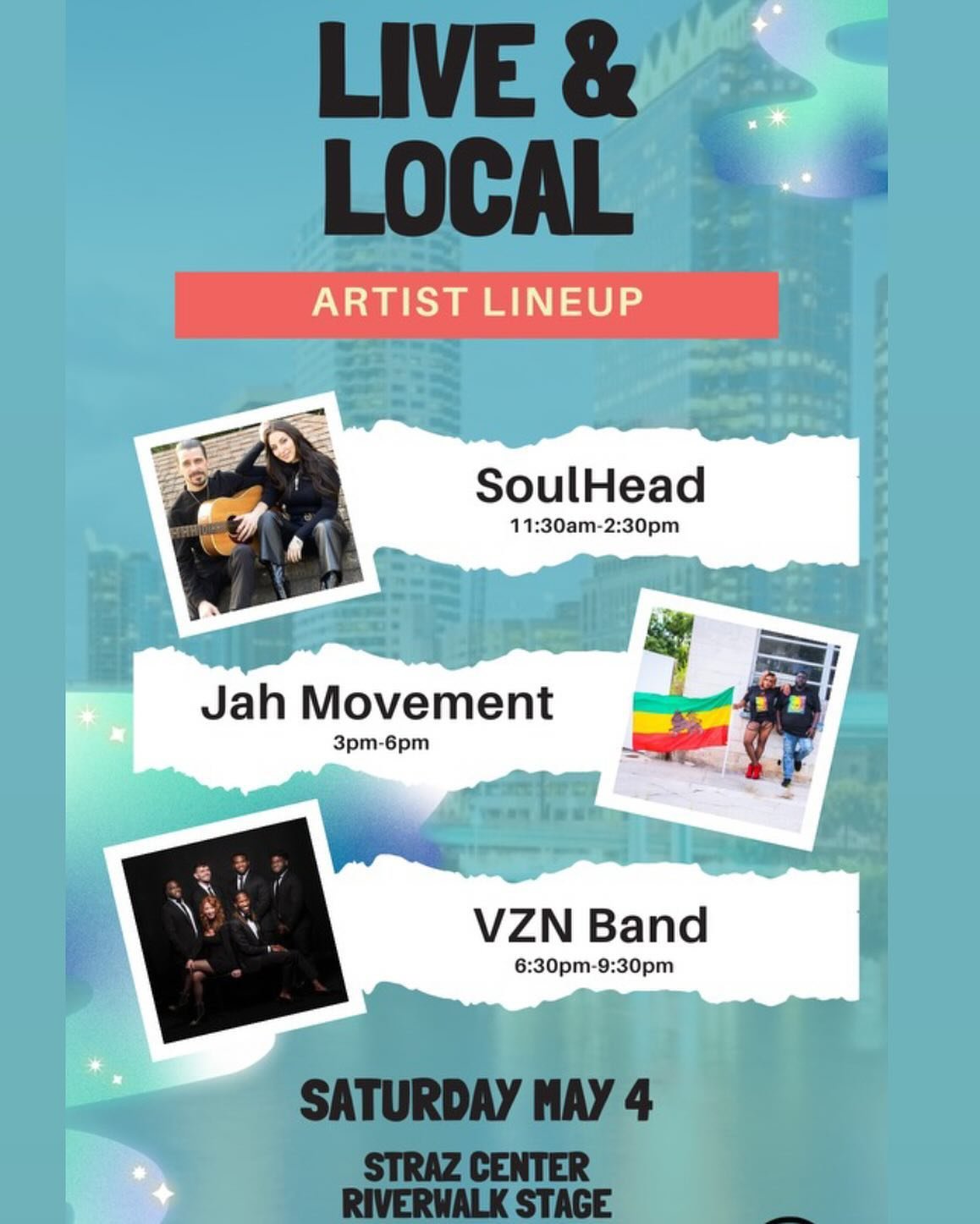 Saturday May 4 at @strazcenter Tampa Riverwalk Stage, join us for some great live music with @soulheadmusic , @jahmovementband ,and the @vznband . 11:30am-9:30pm 🎵

#liveandlocal #riverwalkstage #concert
