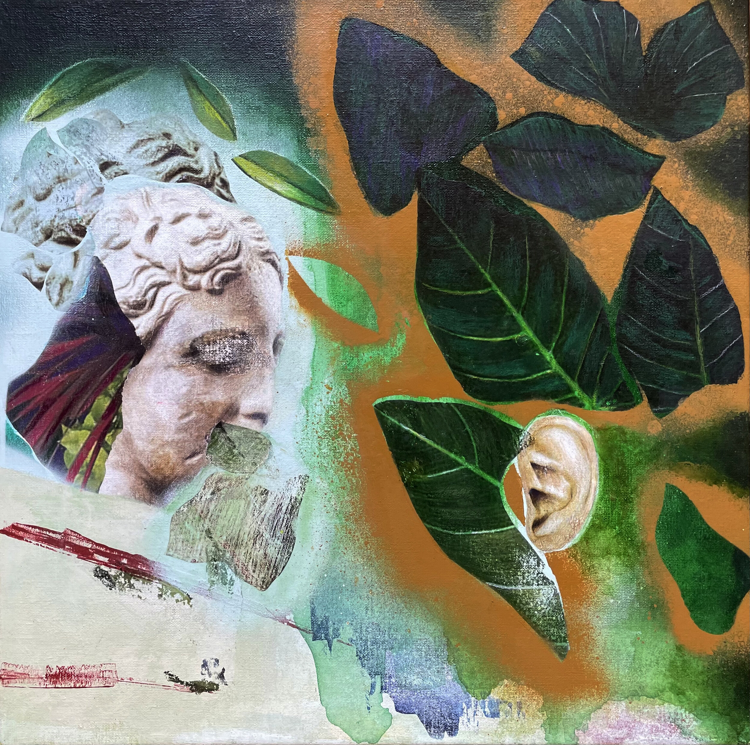   Belleza Perdida  2020/21 Acrylic, collage, spray-paint and pencil on canvas 37x37 cm 