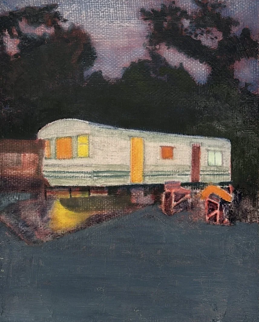 Refuge (2023), oil on recycled coffee bean sackcloth, 40 x 50cm