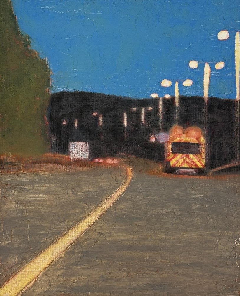 Response (2023), oil on recycled coffee bean sackcloth, 40 x 50cm