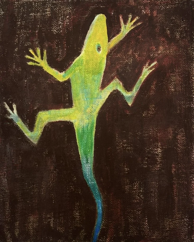 Anole (2019), oil on recycled coffee bean sackcloth, 40 x 50cm