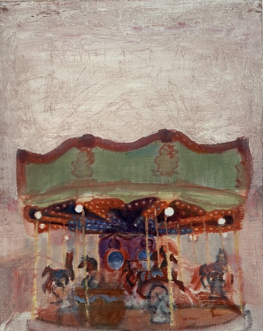 Carousel (2023), oil on recycled coffee bean sackcloth, 40 x 50cm