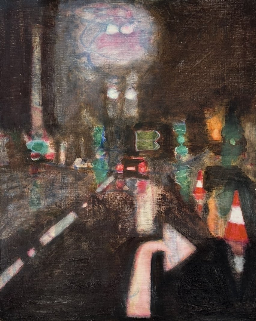 Dunkelbunt (2023), oil on recycled coffee bean sackcloth, 40 x 50cm