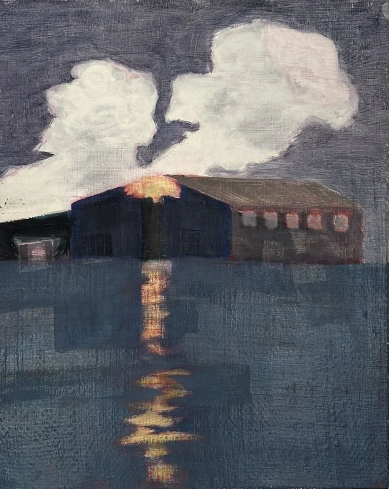 Boat House (2023), oil on recycled coffee bean sackcloth, 40 x 50cm