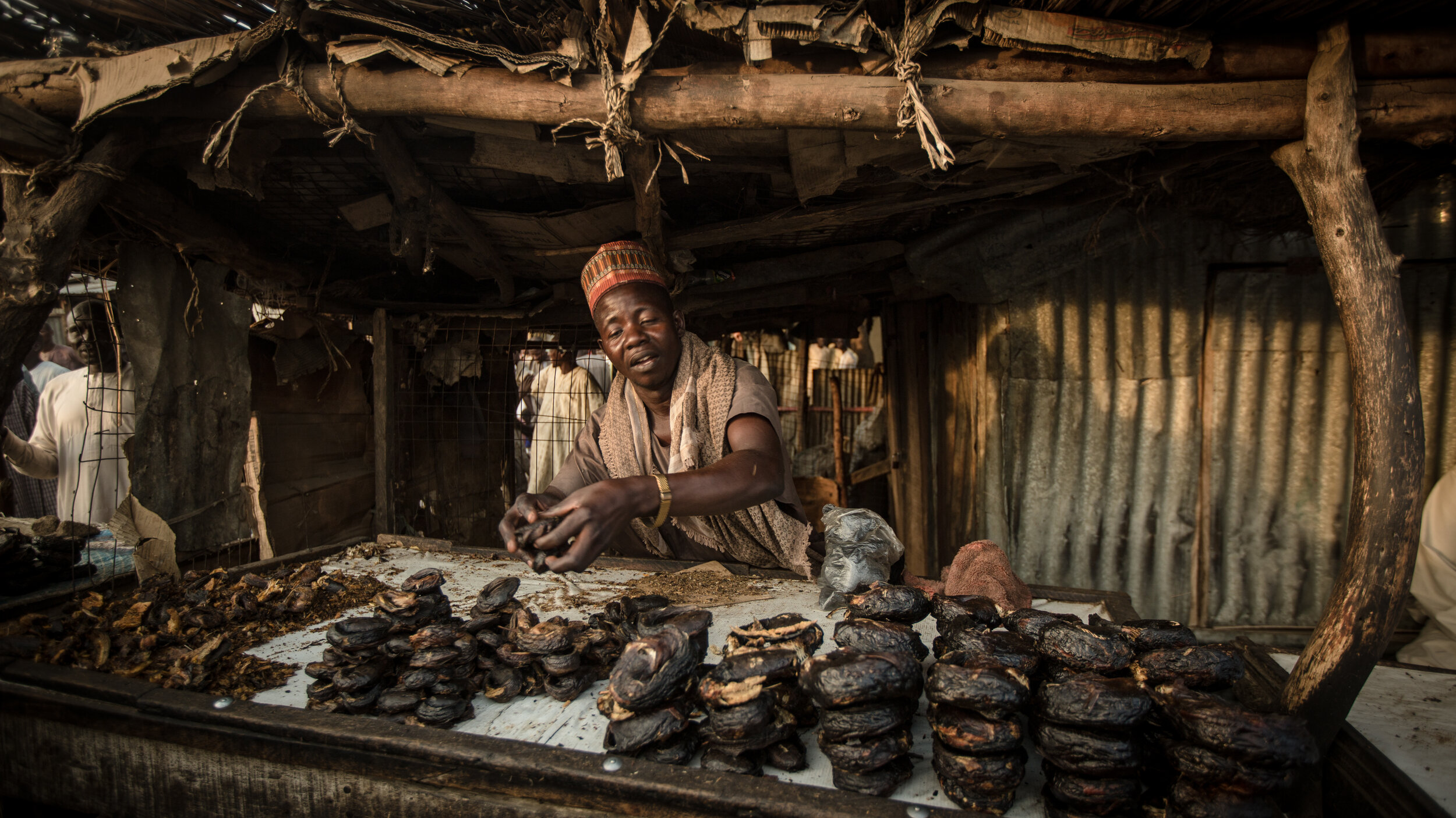  dried sheep meat being carefully displayed at sunset in the market of Monguno, northeastern Nigeria. November 2018 