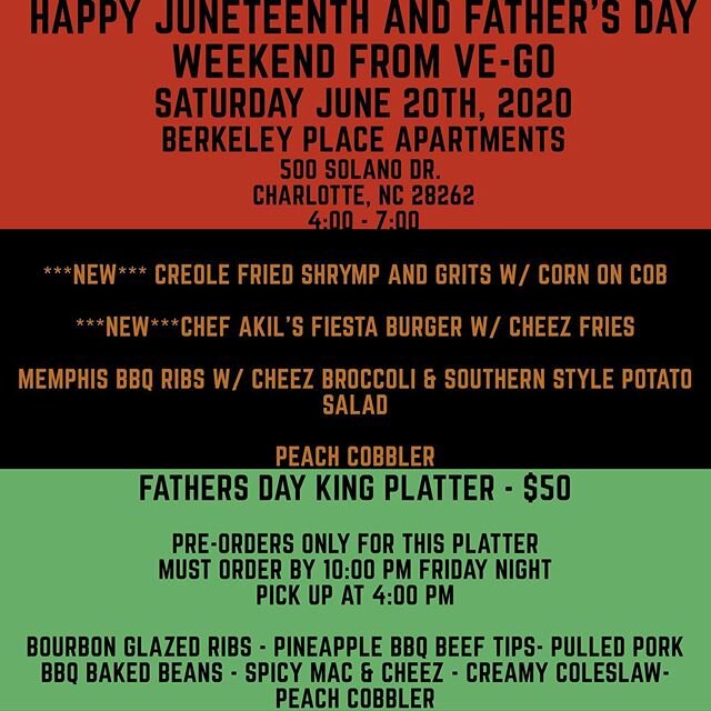 Happy Juneteenth and Father&rsquo;s Day. We are having a one day weekend celebration for all. You can come to the truck and order the regular platters. Or you can pre-order the Fathers Day King Platter by 10:00 p.m. #veganaf #vegansofig #veganlife #v