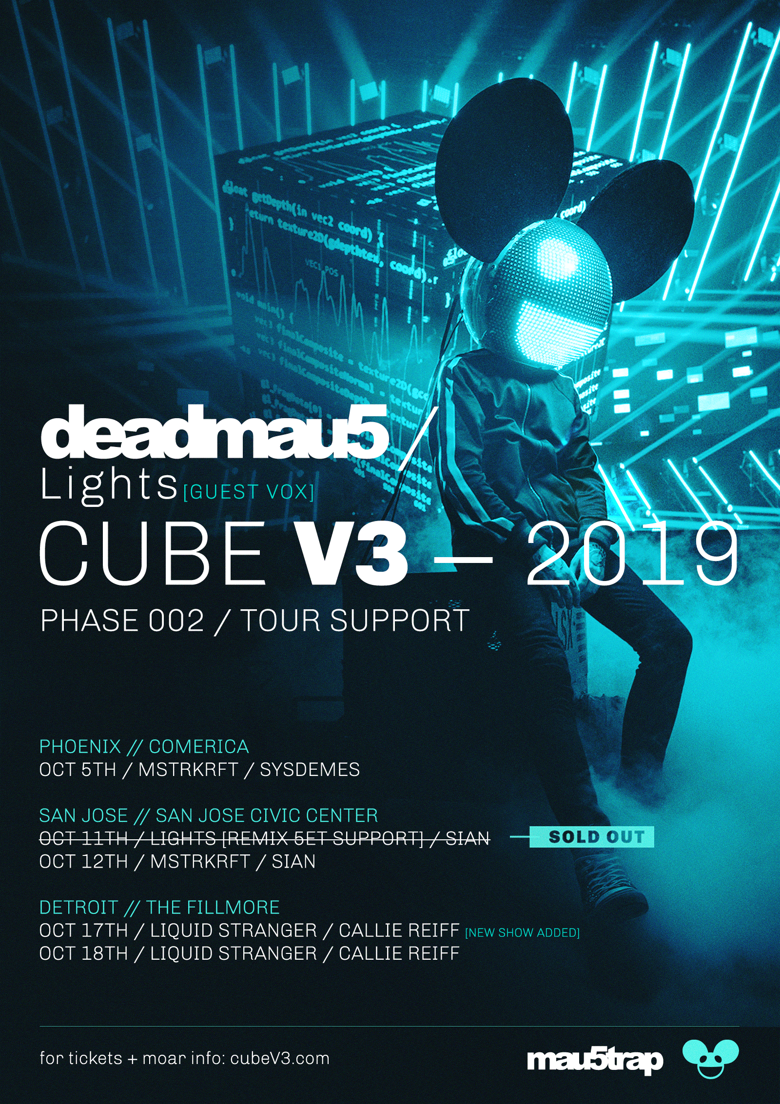 Deadmau5 Announces Support Acts For Cube V3 Tour Dates In Phoenix San Jose Detroit Mstrkrft Sysdemes Liquid Stranger Callie Reiff Sian Brphoto