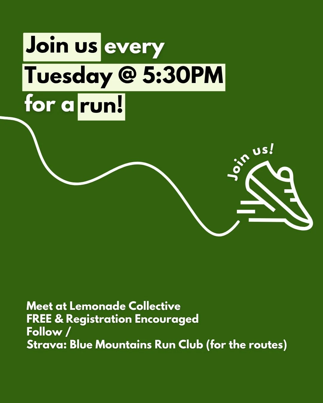 RUN CLUB IS BACK!! 🏃&zwj;♀️

Looking for a fun, social way to stay active this spring? Come run (and hang!) with us at Blue Mountains Run Club.

We meet every Tuesday at 5:30 PM at LC starting May 5th, open to all levels, all paces, all good vibes.
