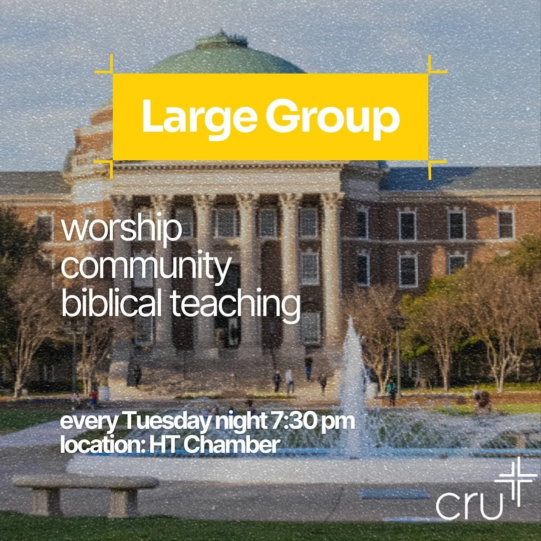 Large group is like Cru&rsquo;s front door&hellip; it&rsquo;s the easiest way to come in and get connected. Our first Large Group of the semester is TONIGHT at 7:30pm in HT Chambers. If you want to get connected to community and grow in your faith, t