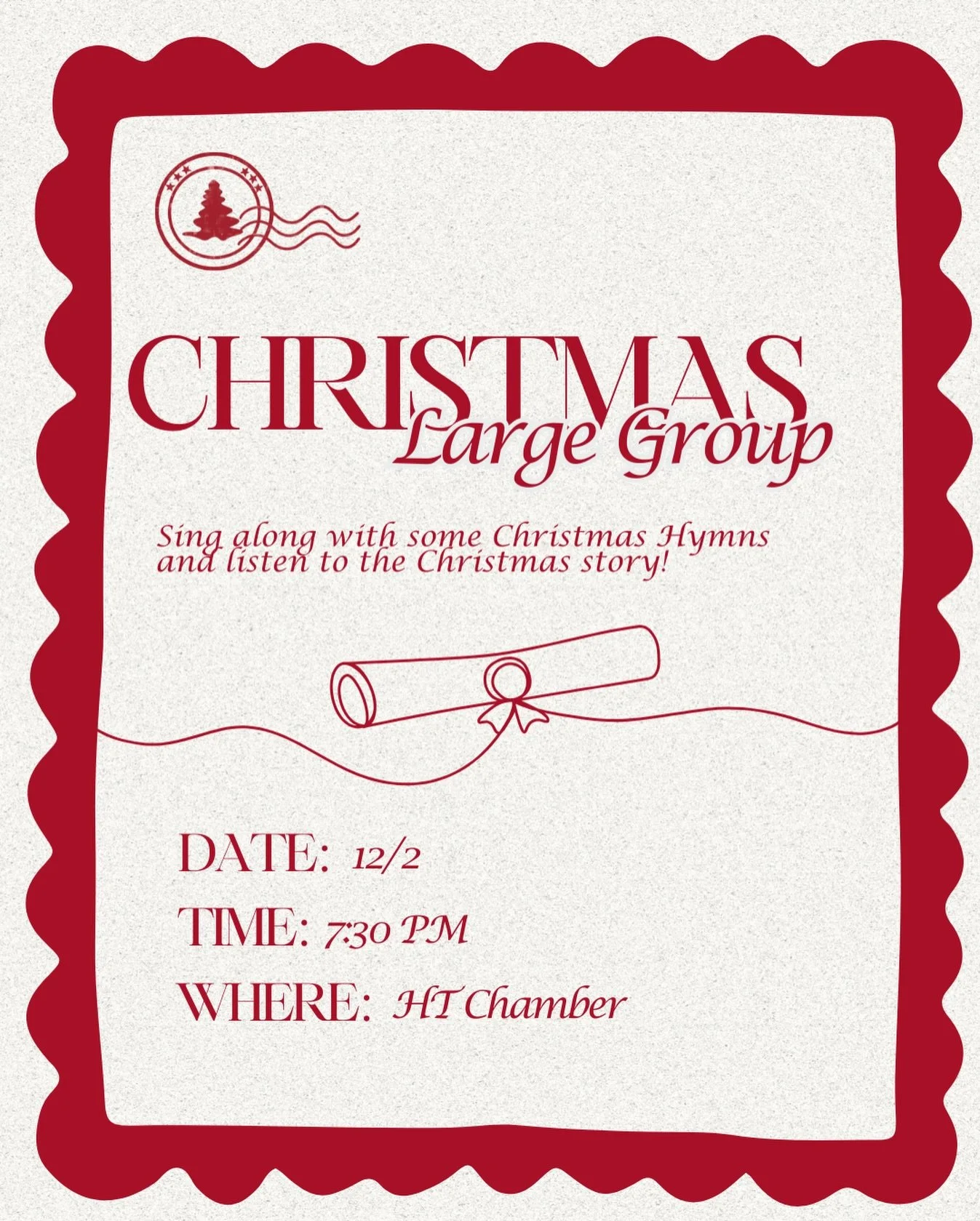 Join us for our Large Group: Christmas Edition at 7:30 today in the HT Chamber! We will have some Christmas treats, hymns and the best part, the Christmas story! We hope to see you there!