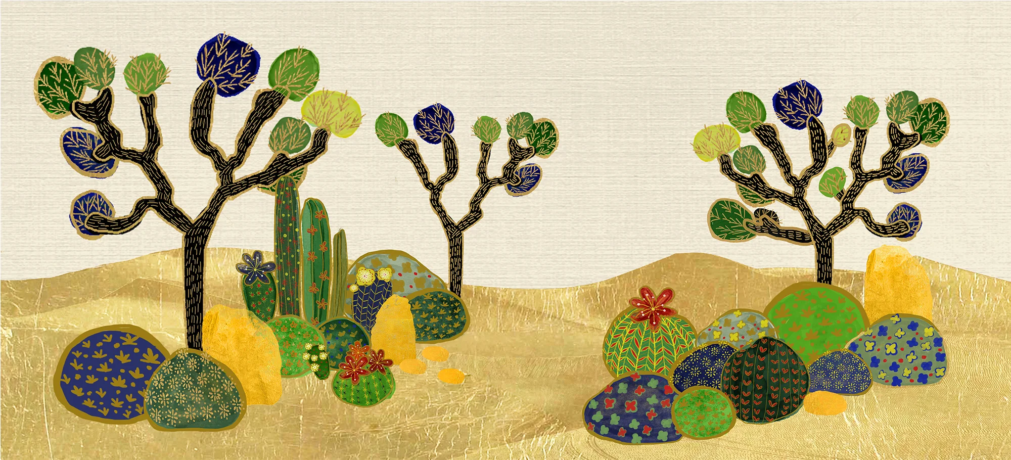 Designer Joshua Desert Embellished Hand-Painted Wallpaper: A vibrant desert landscape with cactus, golden sand, and beige sky, perfect for luxury interior decoration symbolizing hope and adventure.