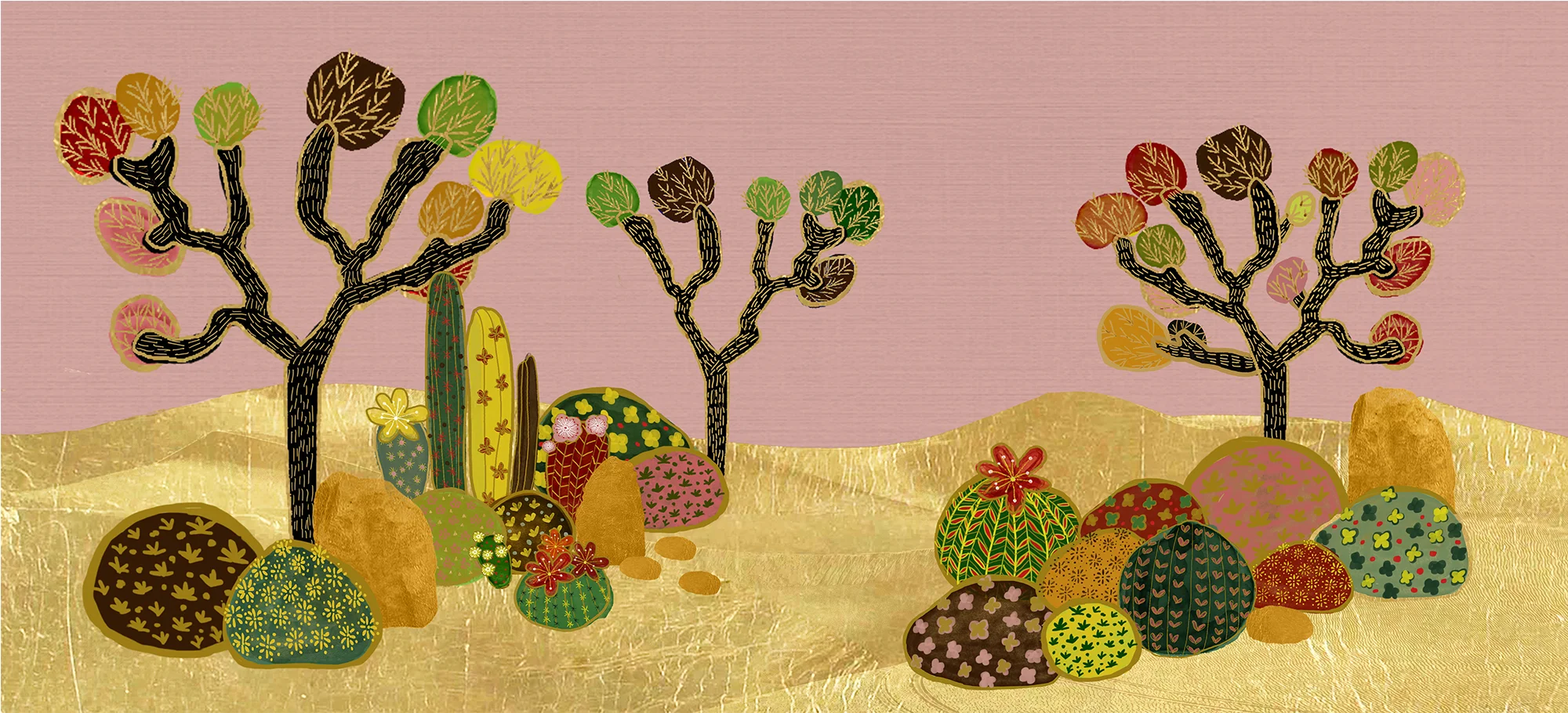 Luxury Joshua Desert Hand-Painted Wallpaper: Captivating desert scenery with cactus, trees, golden sand, and a pink sky, embodying the spirit of adventure in high-end decor.
